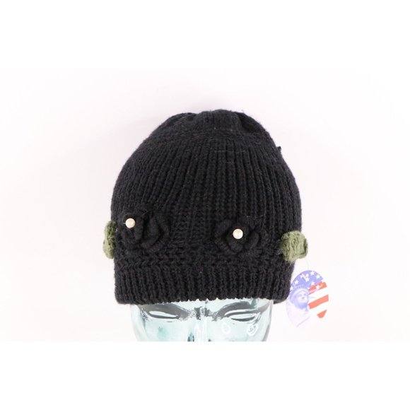 NOS Vintage 90s Streetwear Womens Chunky Knit Floral Flower Beanie Hat Cap Black main image 5